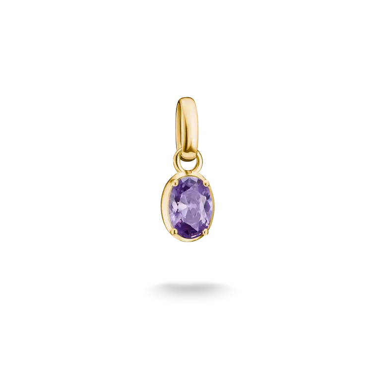 A gold pendant charm featuring an oval-cut purple gemstone in a prong setting, suspended from a polished gold bail, shown against a solid white background with a soft shadow below.