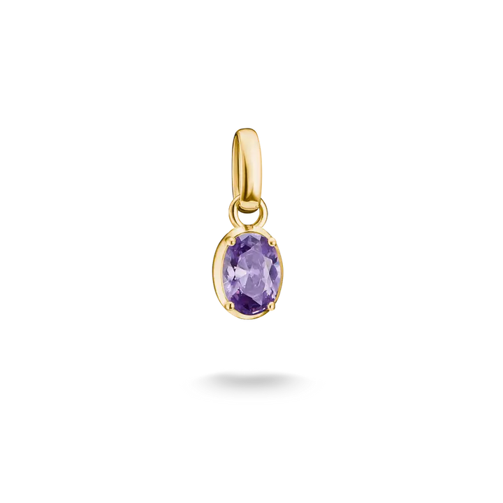 A gold pendant charm featuring an oval-cut purple gemstone in a prong setting, suspended from a polished gold bail, shown against a solid white background with a soft shadow below.