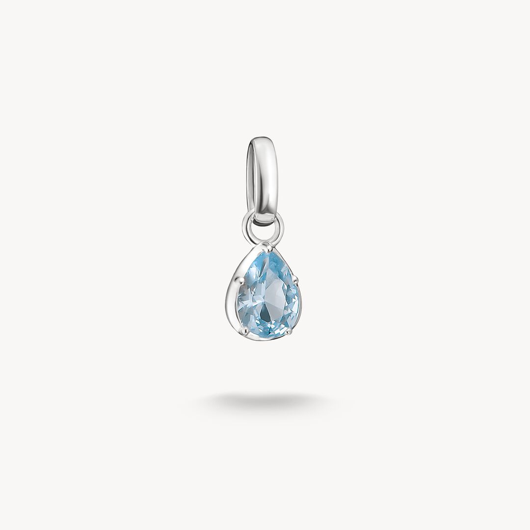 Silver teardrop-shaped pendant with blue accents on a white background