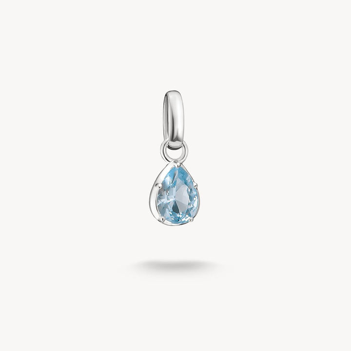 Silver teardrop-shaped pendant with blue accents on a white background