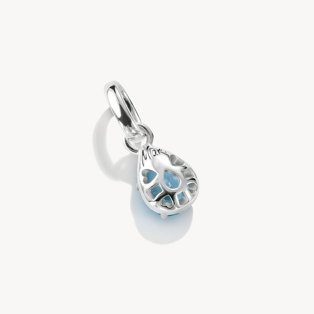 Silver teardrop-shaped pendant with blue accents on a white background