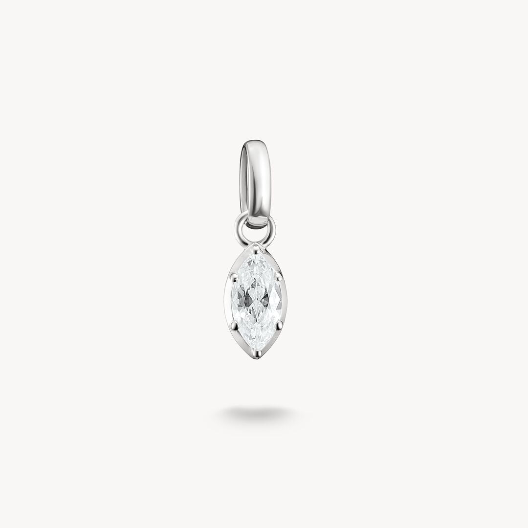 Silver pendant with a clear gemstone on a white background
