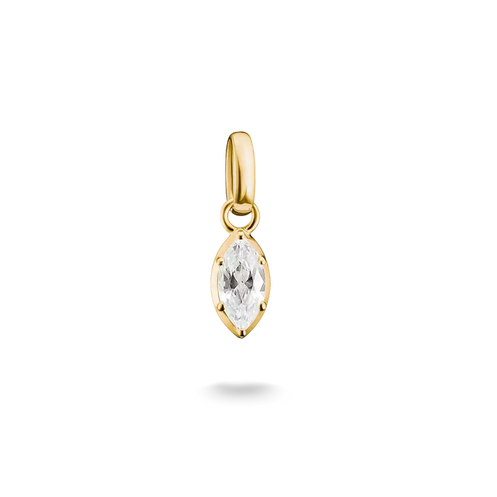 A gold pendant featuring a marquise-cut clear gemstone in a prong setting, suspended from a polished gold bail, shown against a plain white background with a soft shadow below.