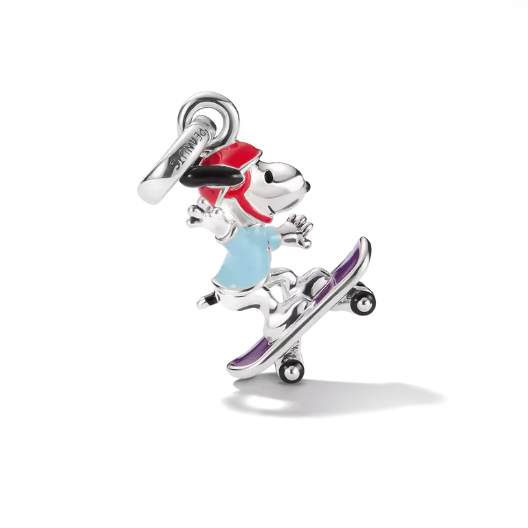 Silver charm of a dog on a skateboard with colorful accents on a white background