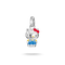 A silver Hello Kitty charm pendant featuring a silver body, blue overalls, a red bow, and yellow accents, shown on a clean white background with a soft shadow below.