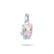 A silver Hello Kitty angel charm holding a pink heart, featuring a silver body, pink bow and heart, and a light blue skirt, shown on a white background.
