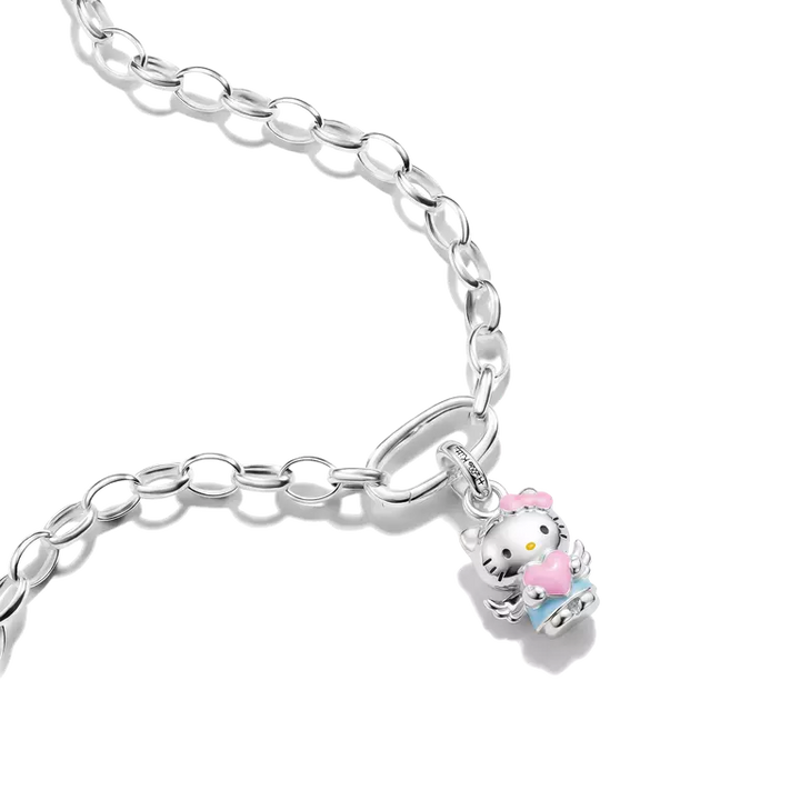 A silver link chain necklace featuring a small Hello Kitty charm with pink and blue enamel details, shown on a clean white background.