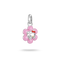 A silver Hello Kitty flower charm pendant with pink enamel petals and a small red bow, shown on a clean white background.