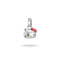 A silver Hello Kitty charm pendant with a red bow and small yellow nose, shown on a clean white background with a soft shadow below.