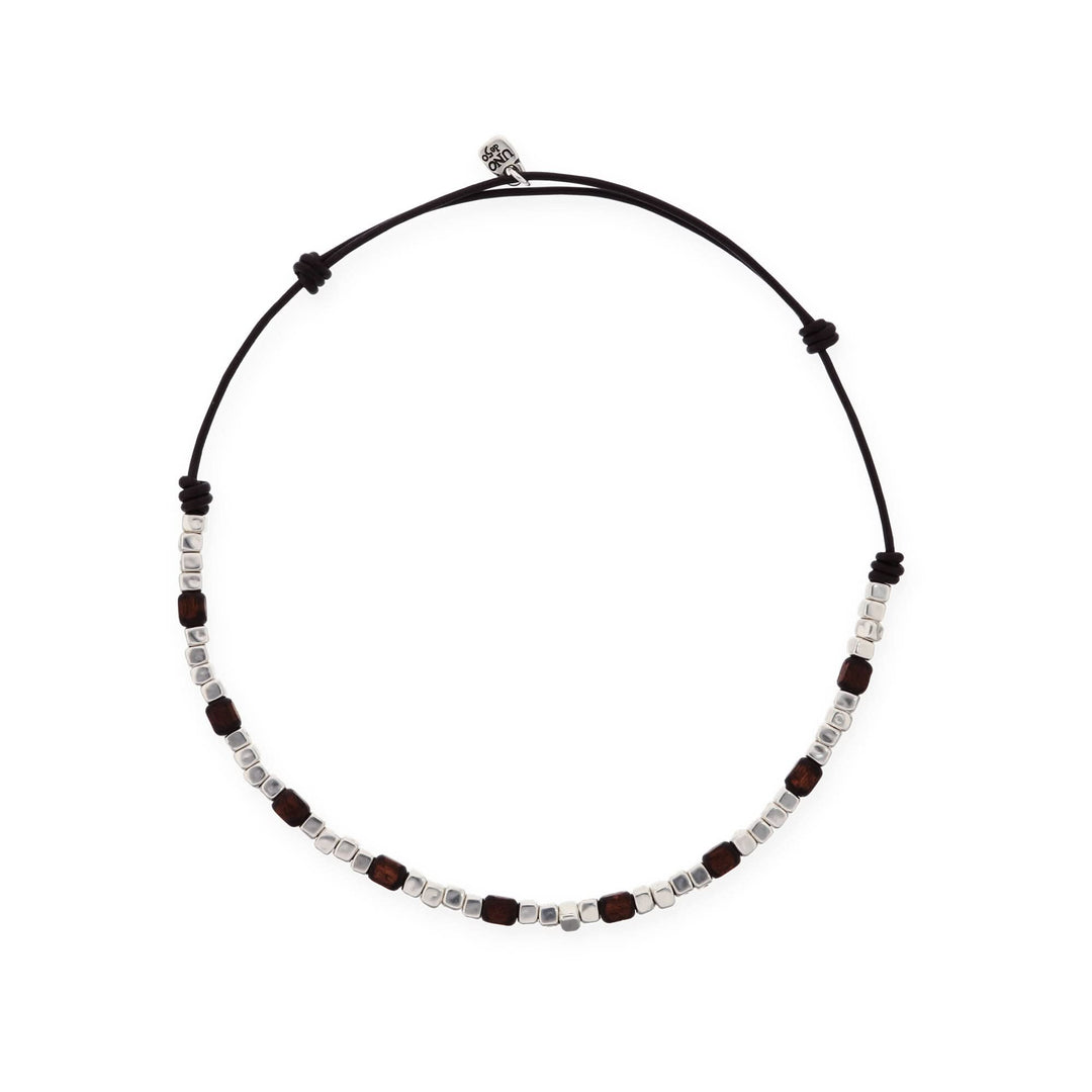Silver Sterling Plated And Wood Beaded Leather Necklace COL2025MARMTL