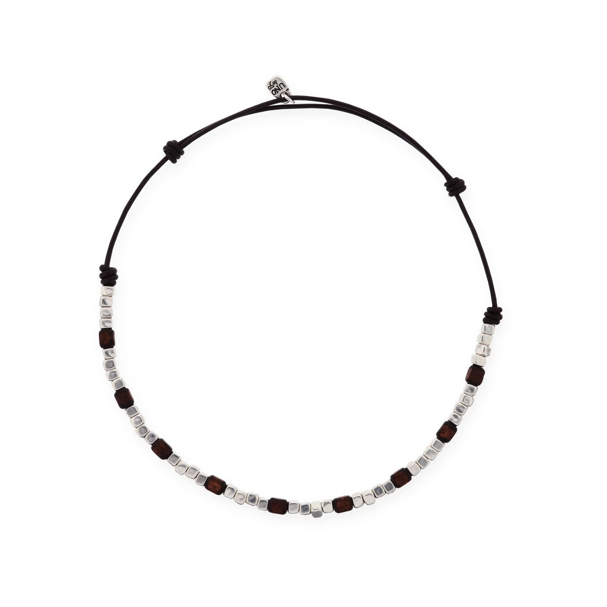 Silver Sterling Plated And Wood Beaded Leather Necklace COL2025MARMTL