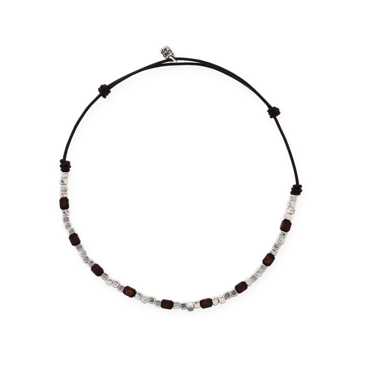Silver Sterling Plated And Wood Beaded Leather Necklace COL2025MARMTL