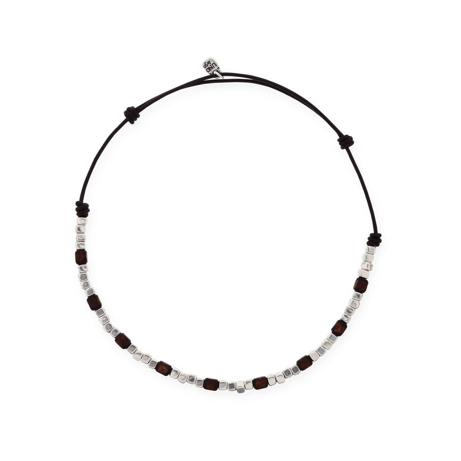 Silver Sterling Plated And Wood Beaded Leather Necklace COL2025MARMTL