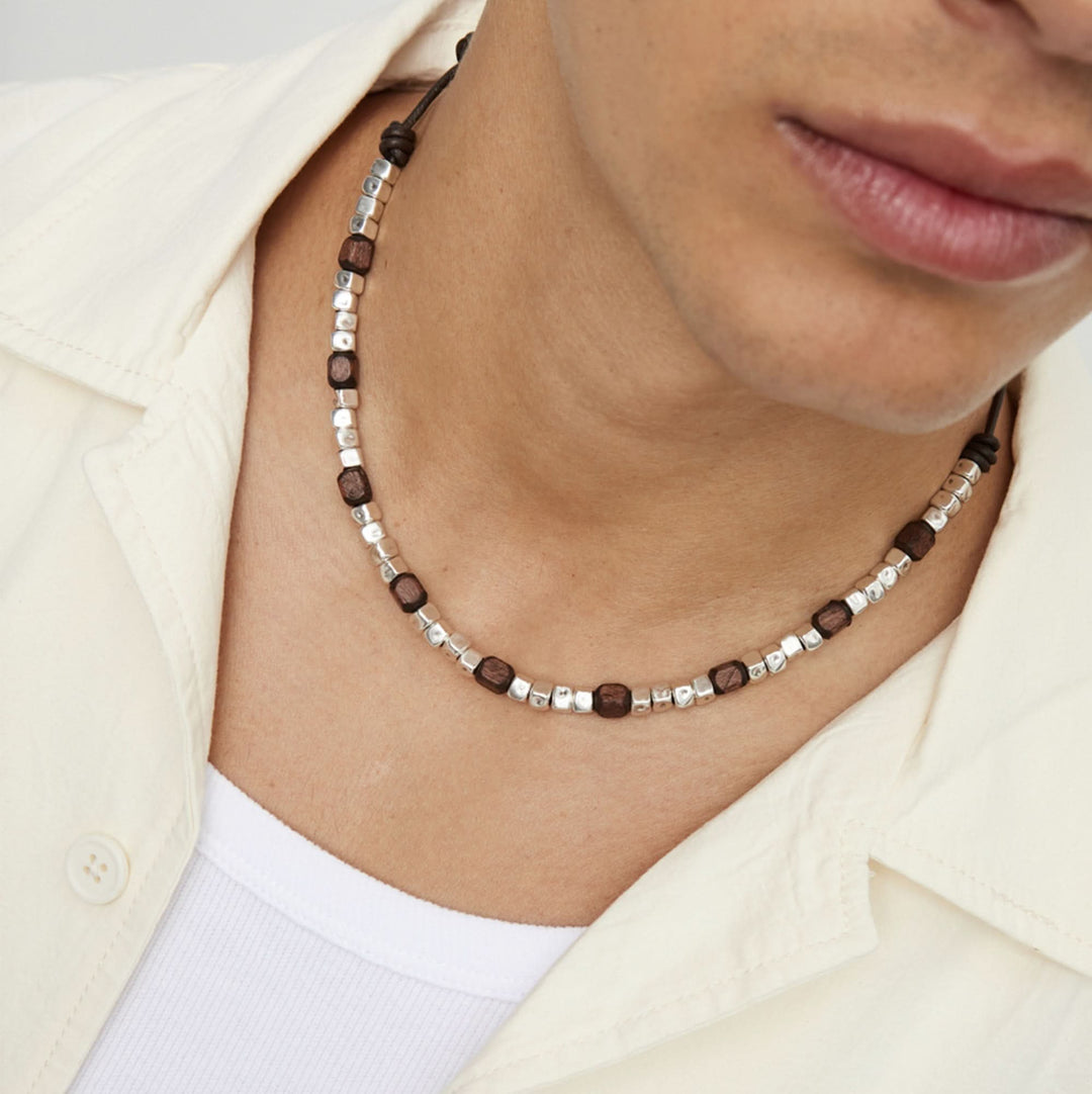 Silver Sterling Plated And Wood Beaded Leather Necklace COL2025MARMTL