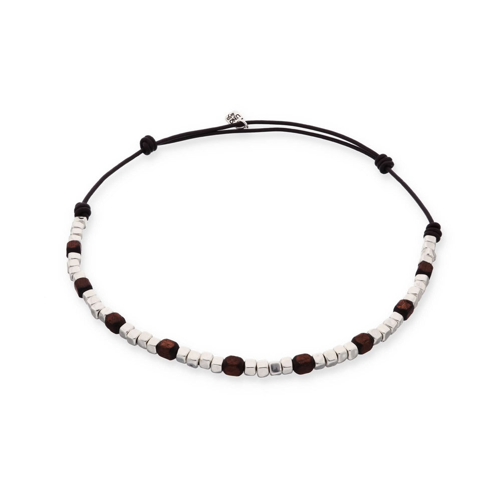Silver Sterling Plated And Wood Beaded Leather Necklace COL2025MARMTL
