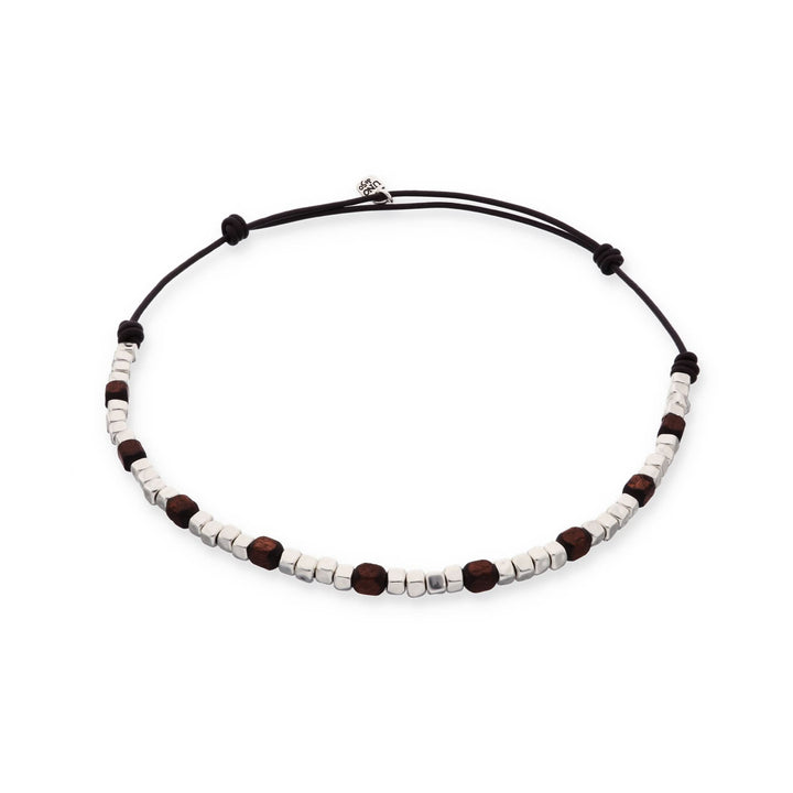 Silver Sterling Plated And Wood Beaded Leather Necklace COL2025MARMTL