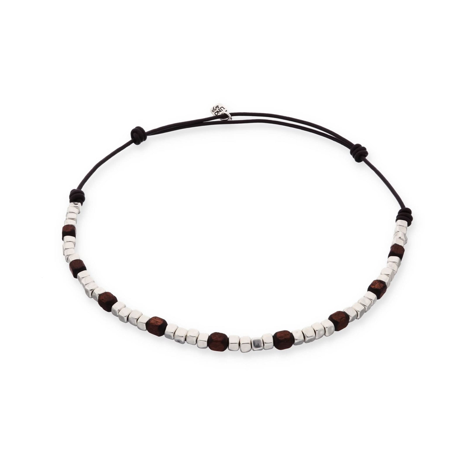 Silver Sterling Plated And Wood Beaded Leather Necklace COL2025MARMTL