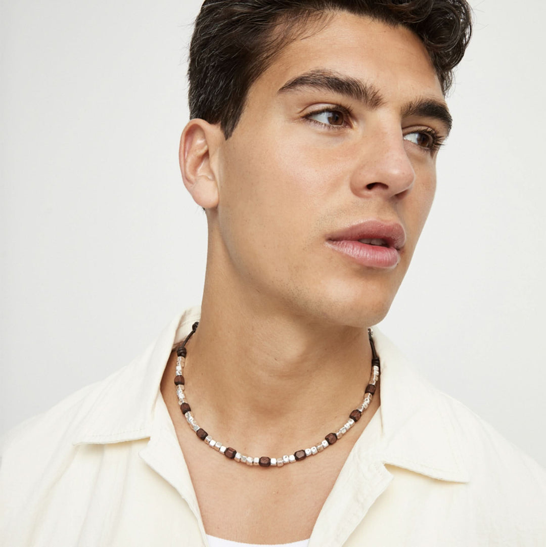 Silver Sterling Plated And Wood Beaded Leather Necklace COL2025MARMTL