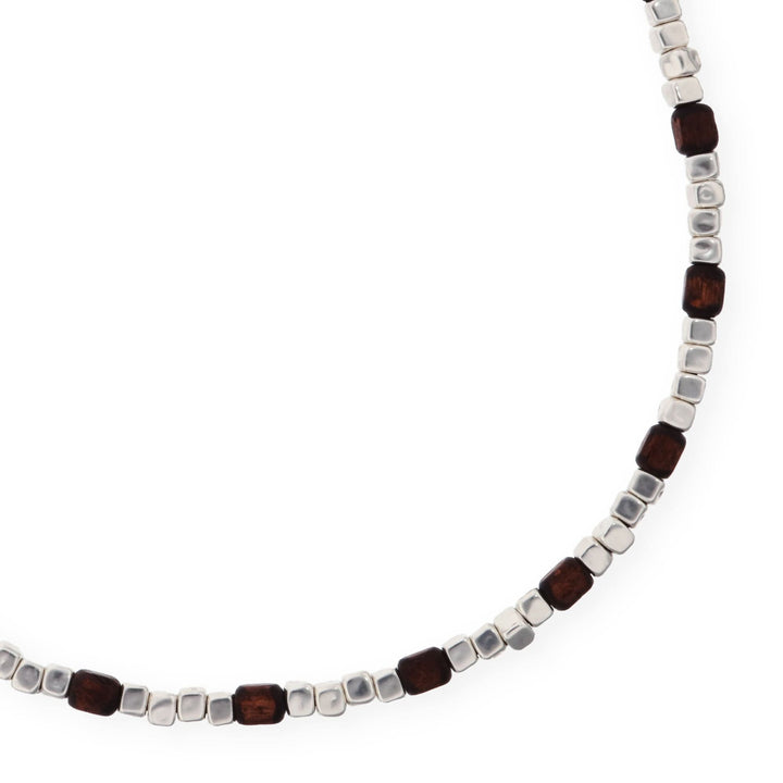 Silver Sterling Plated And Wood Beaded Leather Necklace COL2025MARMTL