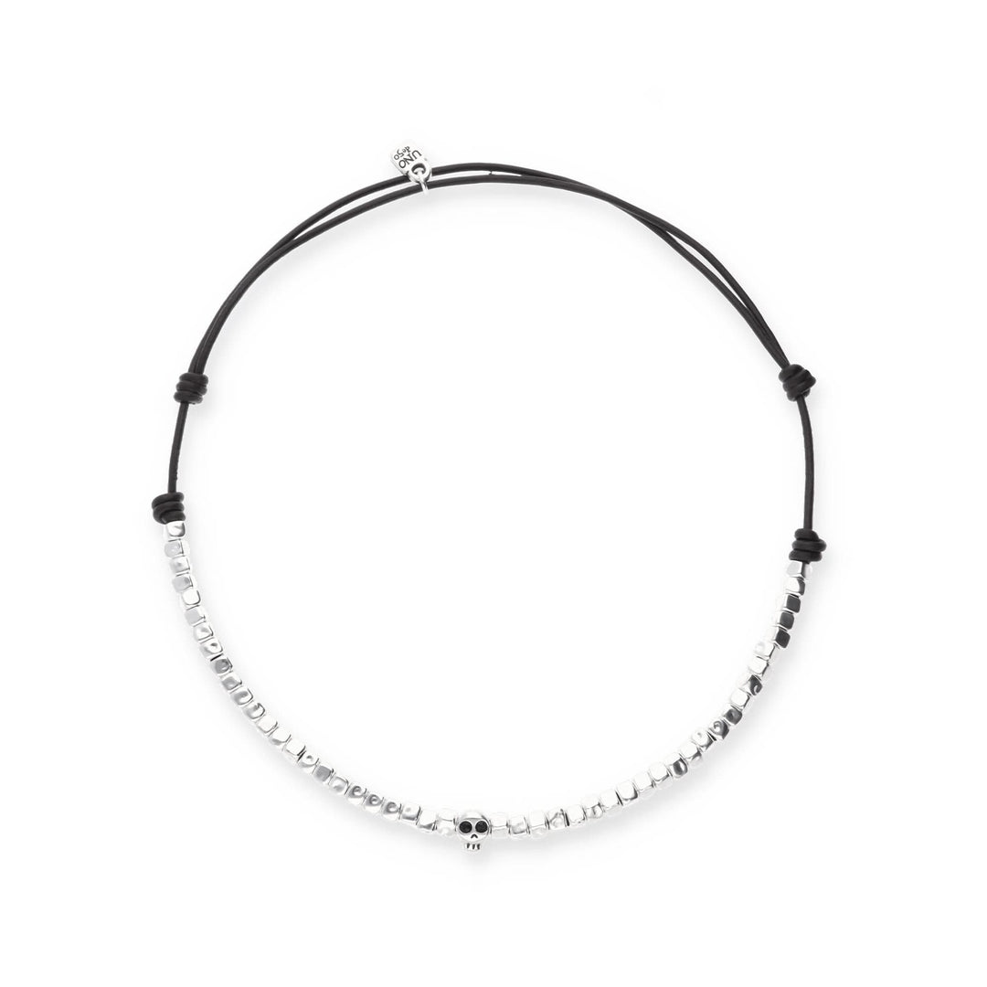 Sterling Silver Plated Skull Detail Beaded Leather Necklace COL2026NGRMTL