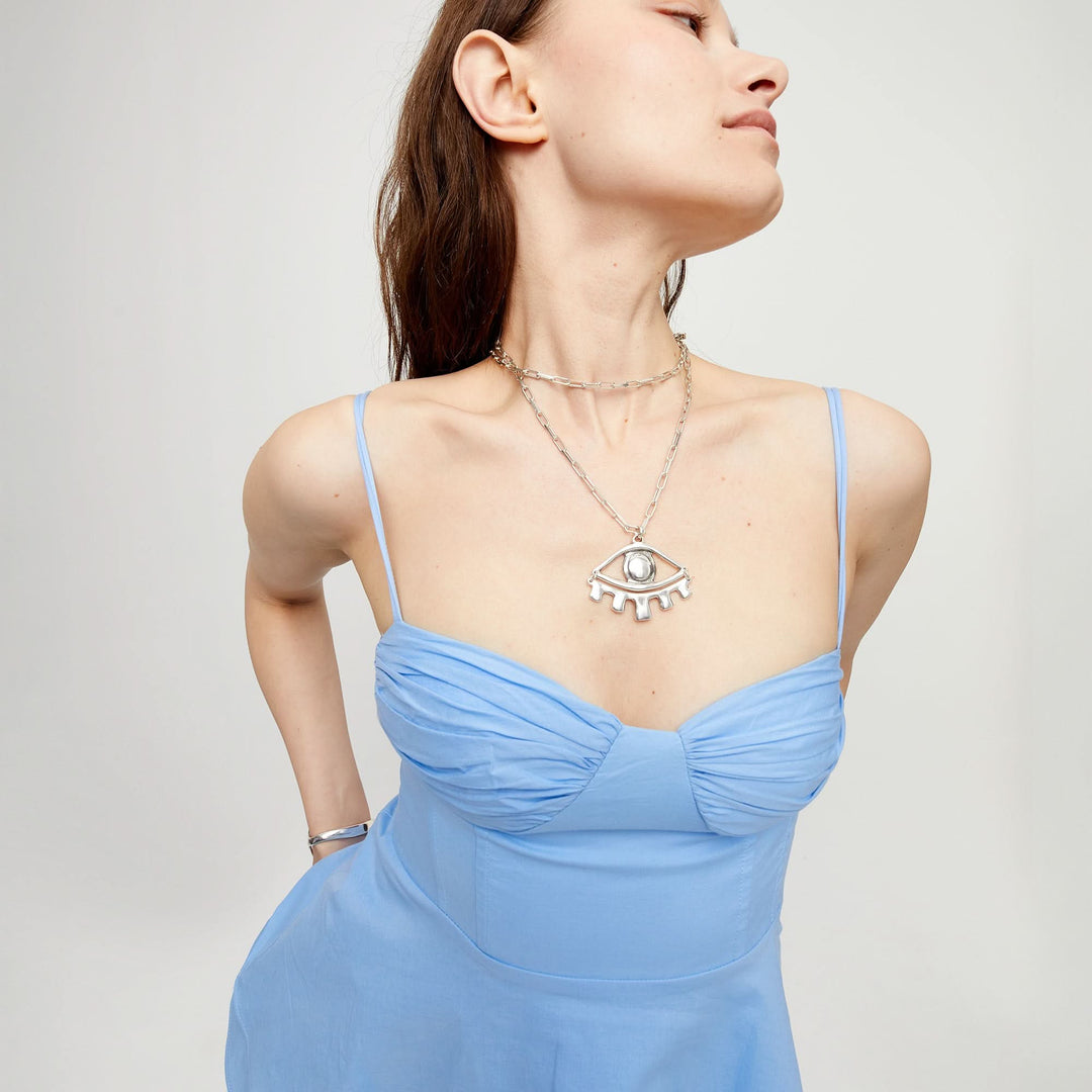 Metal Alloy Sterling Silver Big Eye Detail Long Necklace COL2034MTL000