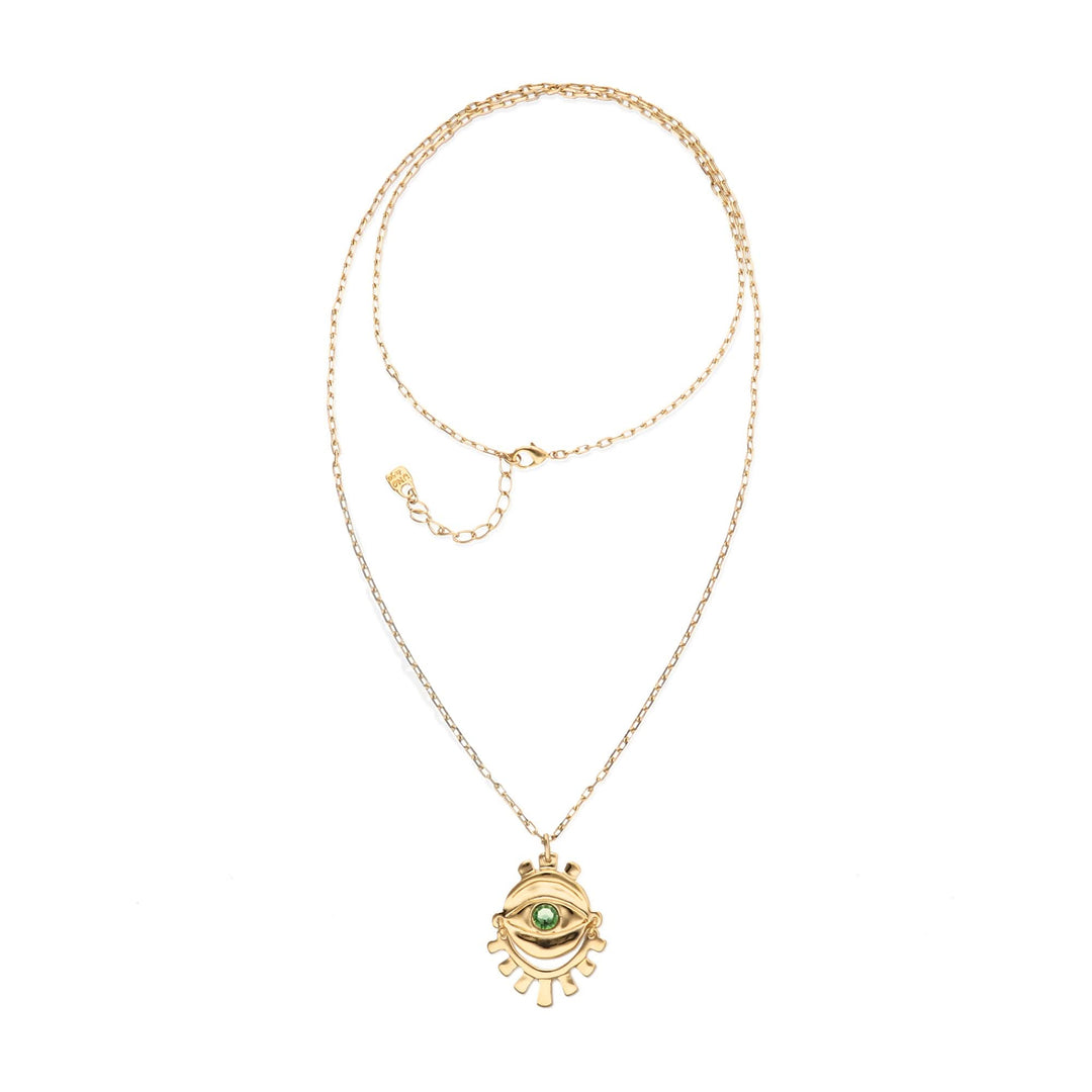 Metal Alloy 18K Small Eye Detail Green Faceted Crystal Long Necklace COL2037VRDORO