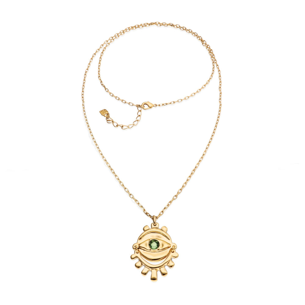 Metal Alloy 18K Small Eye Detail Green Faceted Crystal Long Necklace COL2037VRDORO