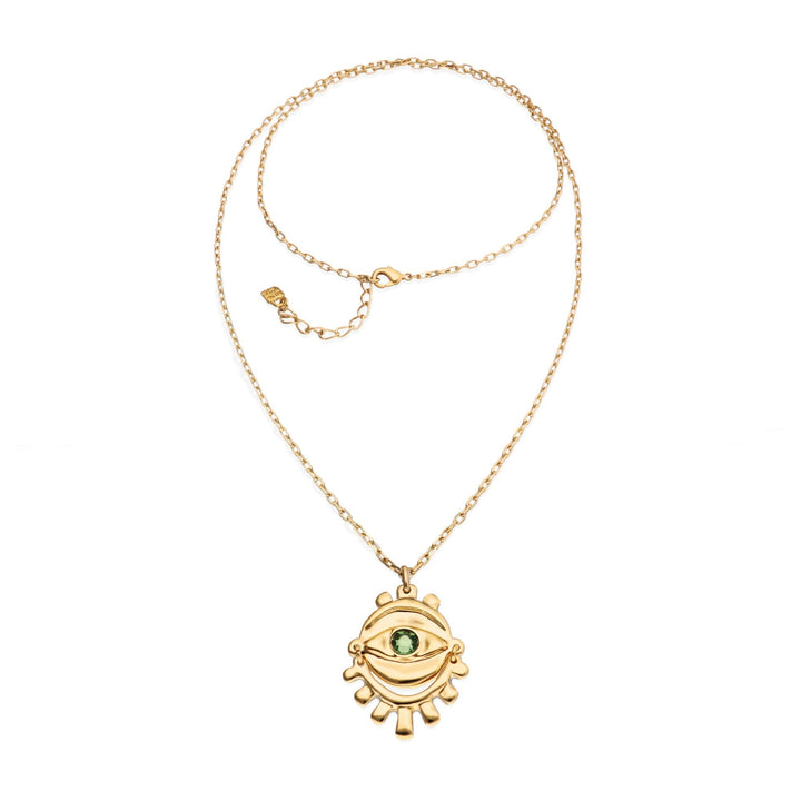 Metal Alloy 18K Small Eye Detail Green Faceted Crystal Long Necklace COL2037VRDORO
