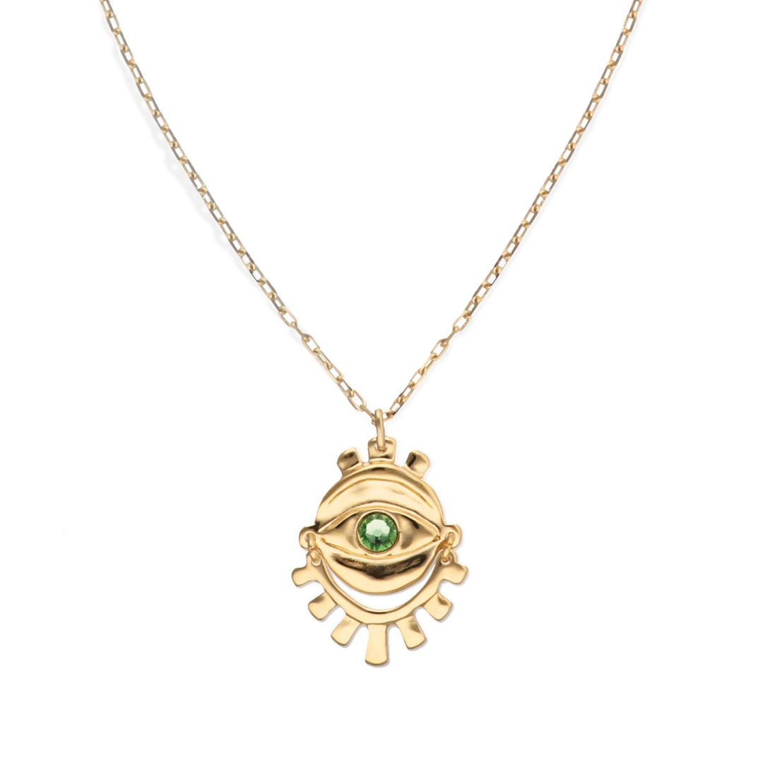Metal Alloy 18K Small Eye Detail Green Faceted Crystal Long Necklace COL2037VRDORO