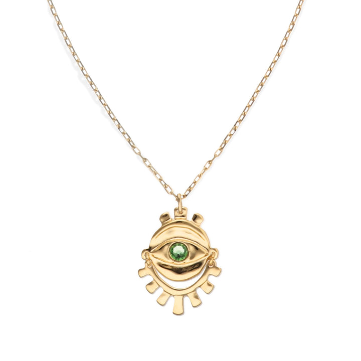 Metal Alloy 18K Small Eye Detail Green Faceted Crystal Long Necklace COL2037VRDORO