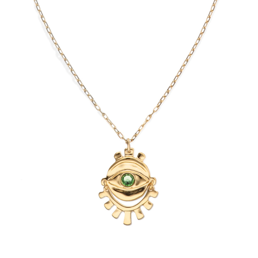 Metal Alloy 18K Small Eye Detail Green Faceted Crystal Long Necklace COL2037VRDORO