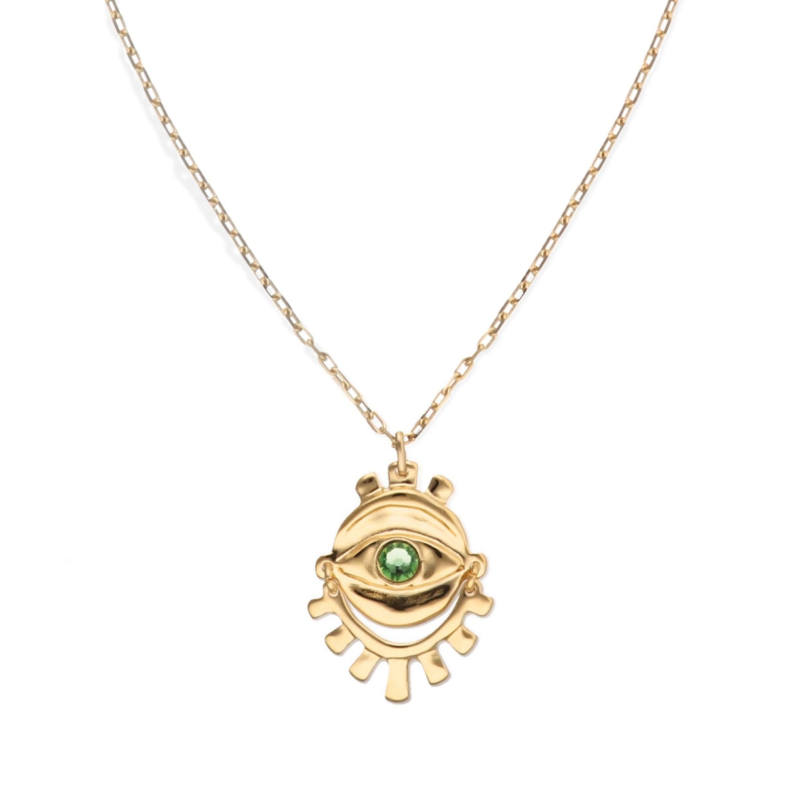 Metal Alloy 18K Small Eye Detail Green Faceted Crystal Long Necklace COL2037VRDORO