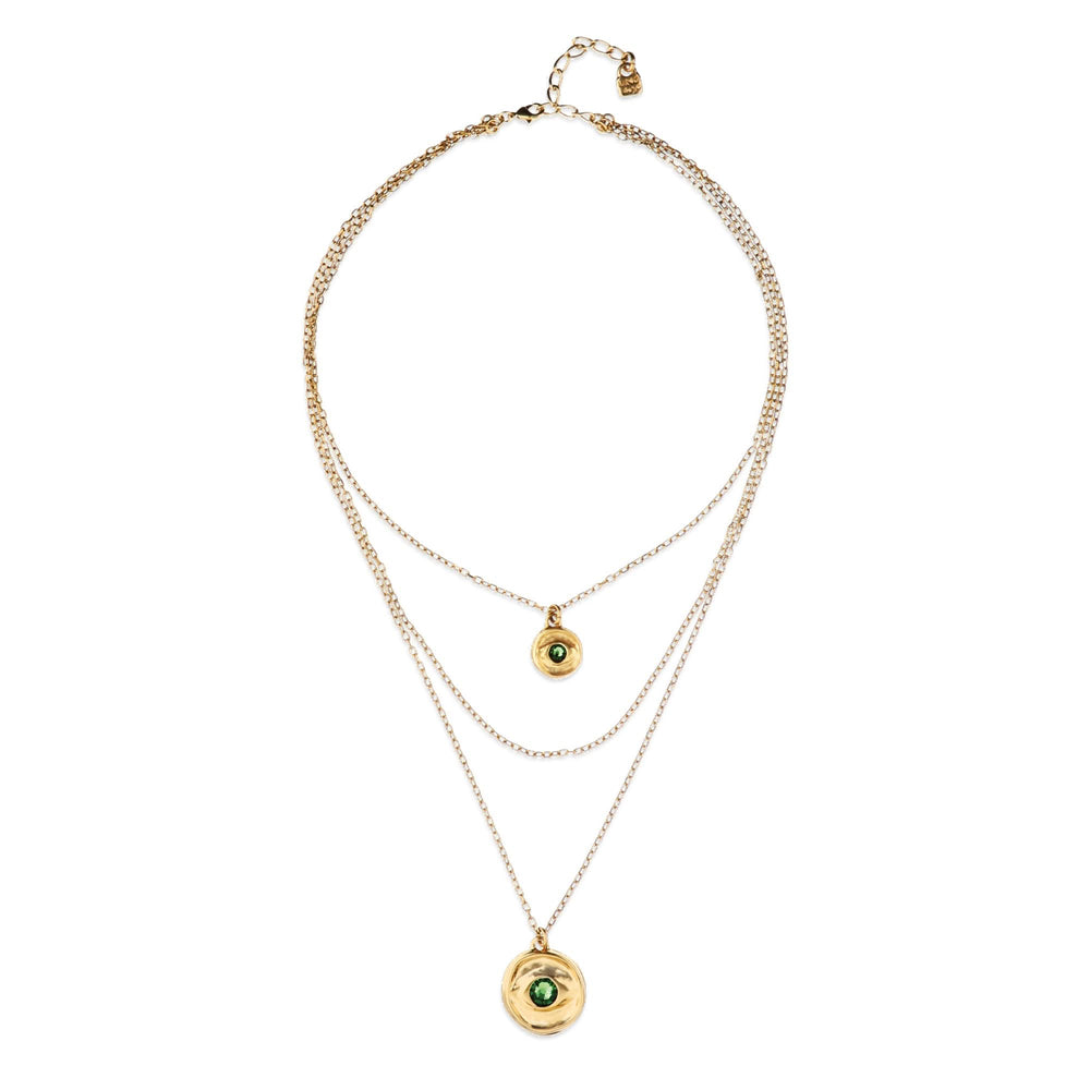 Metal Alloy Multi Strand Gold 18K 2 Eye Charms Green Faceted Crystal Necklace COL2042VRDORO