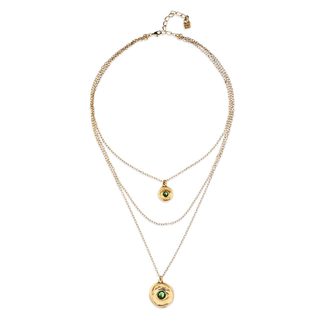 Metal Alloy Multi Strand Gold 18K 2 Eye Charms Green Faceted Crystal Necklace COL2042VRDORO