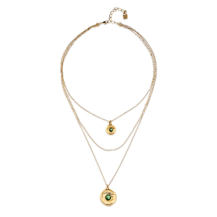 Metal Alloy Multi Strand Gold 18K 2 Eye Charms Green Faceted Crystal Necklace COL2042VRDORO