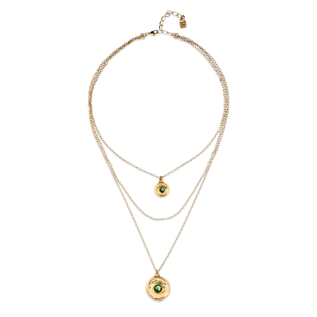 Metal Alloy Multi Strand Gold 18K 2 Eye Charms Green Faceted Crystal Necklace COL2042VRDORO