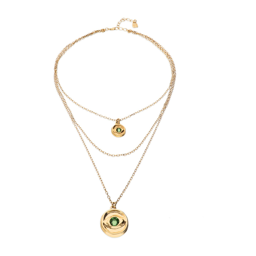 Metal Alloy Multi Strand Gold 18K 2 Eye Charms Green Faceted Crystal Necklace COL2042VRDORO