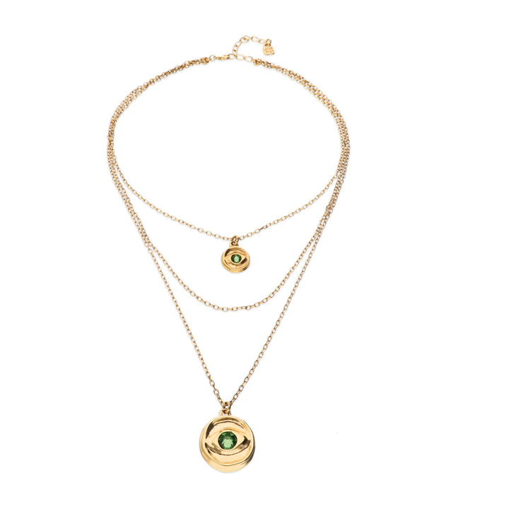 Metal Alloy Multi Strand Gold 18K 2 Eye Charms Green Faceted Crystal Necklace COL2042VRDORO
