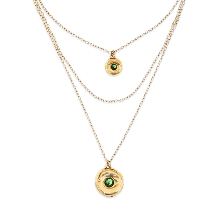 Metal Alloy Multi Strand Gold 18K 2 Eye Charms Green Faceted Crystal Necklace COL2042VRDORO