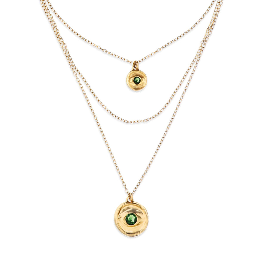 Metal Alloy Multi Strand Gold 18K 2 Eye Charms Green Faceted Crystal Necklace COL2042VRDORO