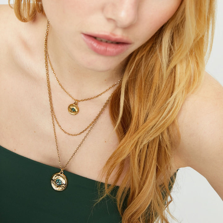 Metal Alloy Multi Strand Gold 18K 2 Eye Charms Green Faceted Crystal Necklace COL2042VRDORO