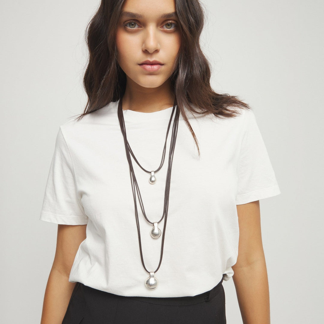 Triple Leather 2 Sterling Silver Alloy Shaped Balls Necklace COL2044MARMTL