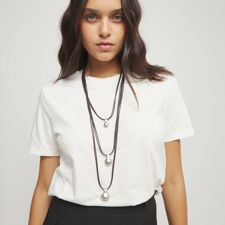 Triple Leather 2 Sterling Silver Alloy Shaped Balls Necklace COL2044MARMTL