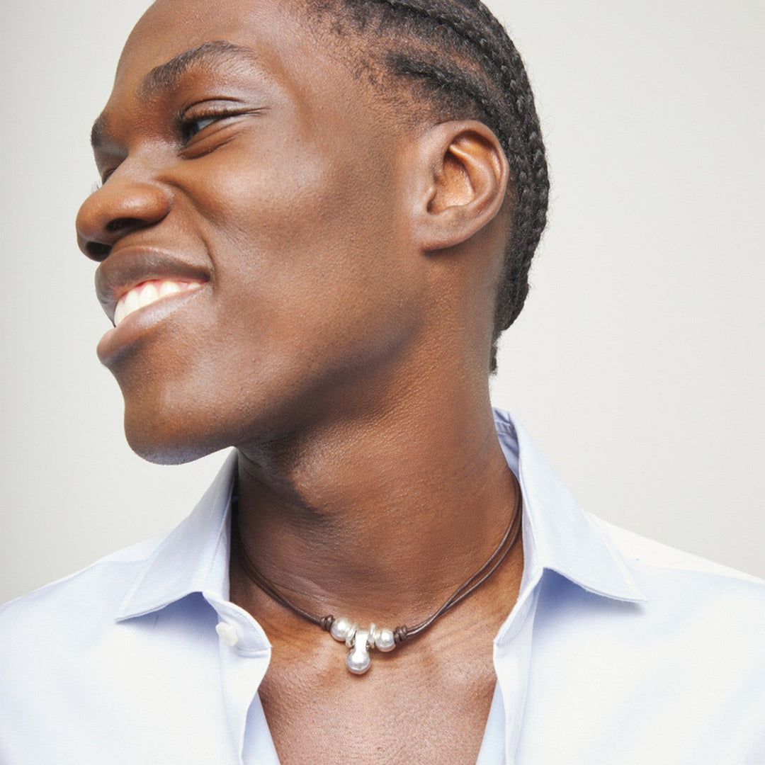 Leather Three Sterling Silveralloy Plated Balls Necklace COL2064MARMTL