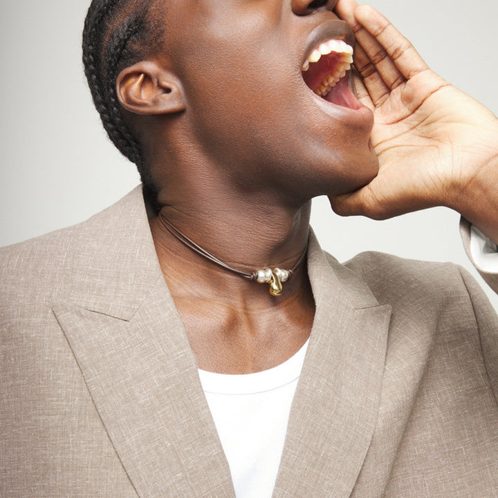 Leather Three 18K Gold Alloy Plated Balls Necklace COL2064OROMTL