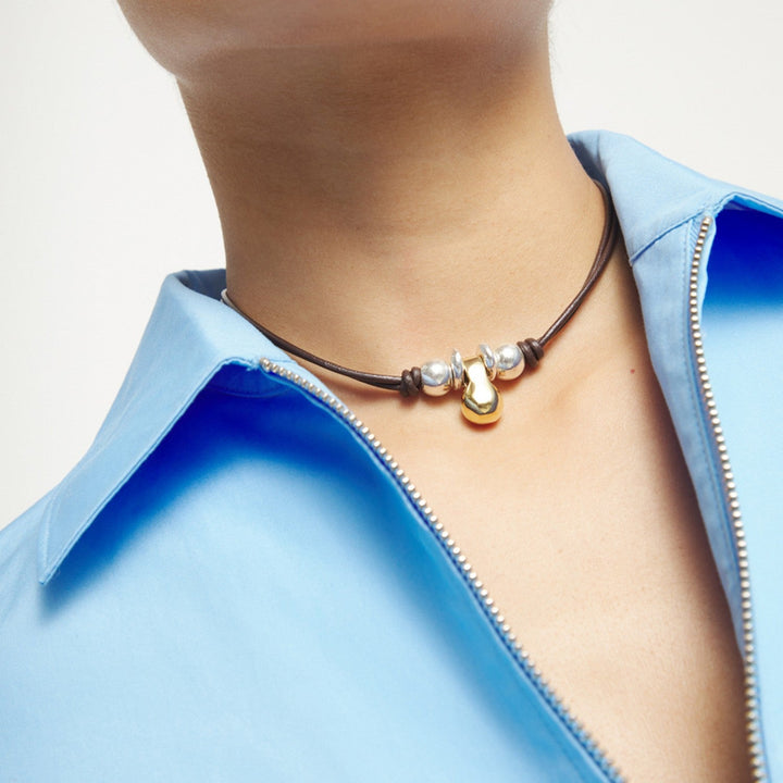 Leather Three 18K Gold Alloy Plated Balls Necklace COL2064OROMTL