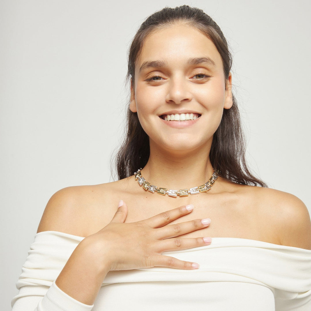 Half 18K Gold Half Sterling Silver Alloy Links Necklace COL2065OROMTL