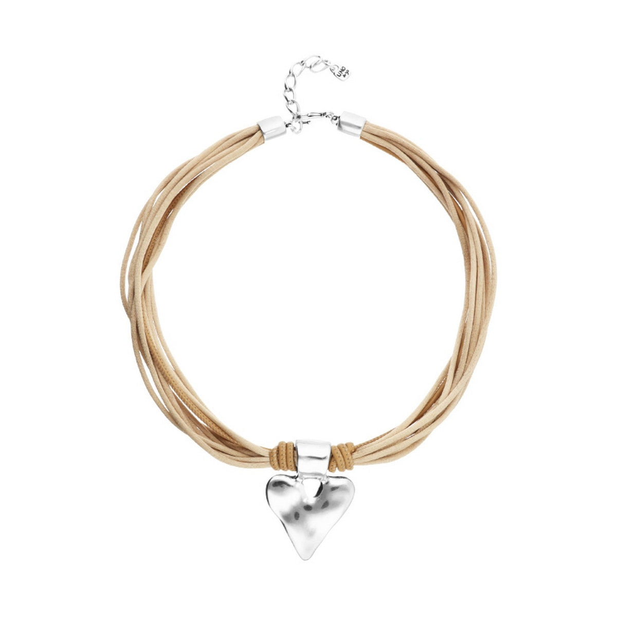 Mixed Beige Silk And Leather Thread Sterling Silver Heart Detail Necklace COL2066CAMMTL