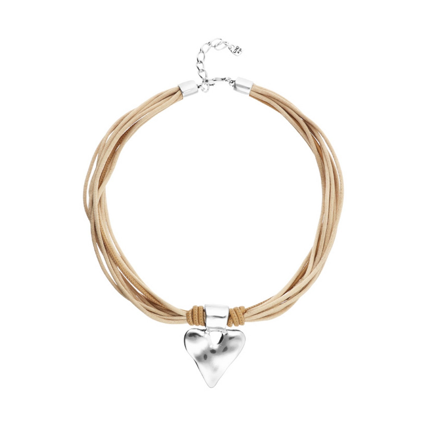 Mixed Beige Silk And Leather Thread Sterling Silver Heart Detail Necklace COL2066CAMMTL