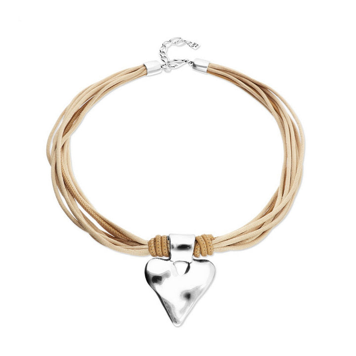 Mixed Beige Silk And Leather Thread Sterling Silver Heart Detail Necklace COL2066CAMMTL